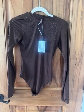 SKIMS X SWarovski Brown Long Sleeve Bodysuit